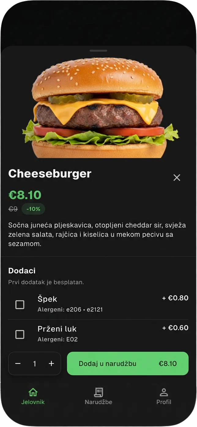 Shock Food & Cakes app — jelovnik